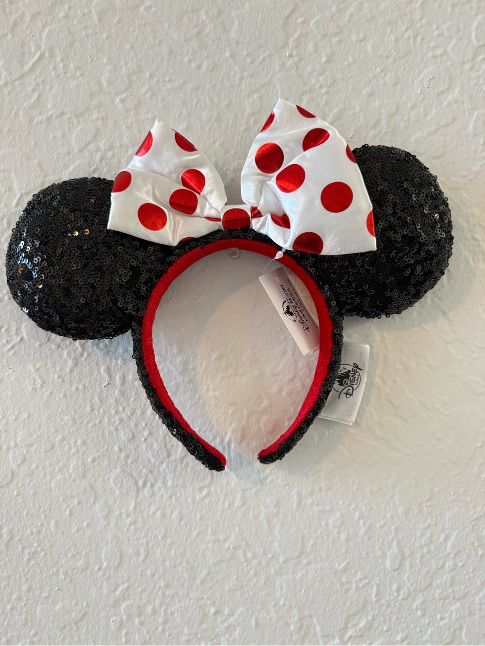 Disney Black Sequin Minnie Ear Headband with White and Red Polka Dot Bow